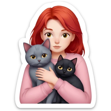 
a girl with red hair in pastel clothes hugs a black British cat sticker