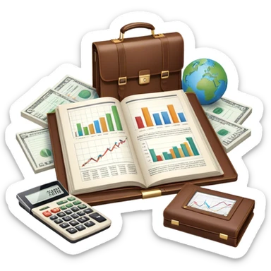 Icon for Business Reading: an open book with a graph and financial charts, a briefcase, a calculator, and a laptop nearby. The icon should represent the world of business, finance, and professional growth. Transparent background. sticker