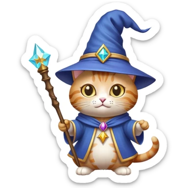 cat wizard with pointy hat and magic wand sticker