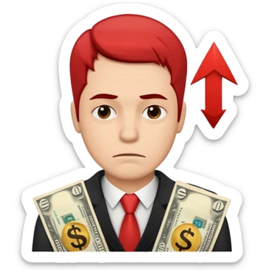a man with money bills and a red down arrow next to him sticker