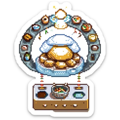 A divine baker surrounded by floating utensils, radiant ingredients, and a halo of light. The oven levitates, powered by pure energy. UI resembles clouds, golden rays, and ethereal scrolls—like a heavenly recipe interface. sticker