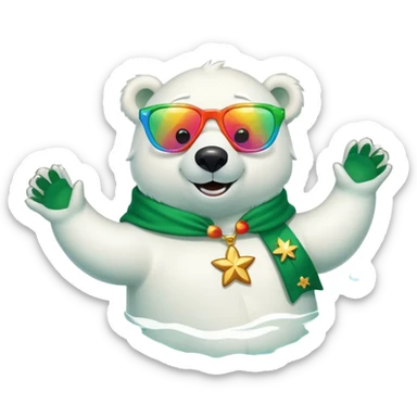 friendly anthropomorphised polar bear smiling, wearing large multicolored star-shaped glasses and festive St. Patrick's Day outfit, floating on back in water sticker