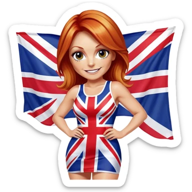 Geri Halliwell smiling with red hair and blonde highlights wearing a short bodycon Union Jack flag dress sticker