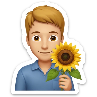 man holding a sunflower portrait, head and shoulders only, gentle smile, sunflower visible in hand, warm positive vibe, 3D cartoon style, mobile game icon style, clean background, no text, no watermark
 sticker