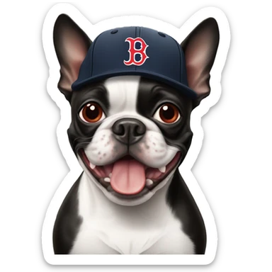 Boston terrier with a Boston Red Sox hat sticker