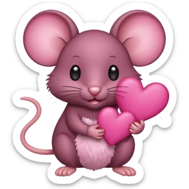 A burgundy mouse holds a pink heart in its paws sticker