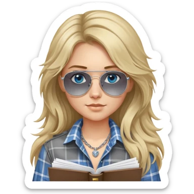 girl with long blond messy hair wearing grey plaid shirt with blue eyes and aviator sunglasses wearing a ring on her silver necklace, holding lawyer papers sticker