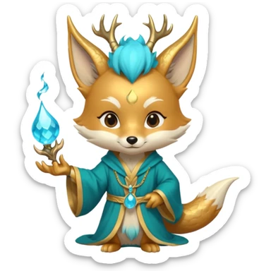 Chibi teal fox with small antler horns, confident magical expression, gold mark on forehead, teal-gold robe, holding glowing blue water orbs, with dragon tail with small antler horns on its head sticker