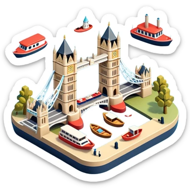 Isometric illustration of London with Tower Bridge over a small river section, toy-style boats, Big Ben peeking in background, vibrant yet muted colors, in miniature diorama style. sticker