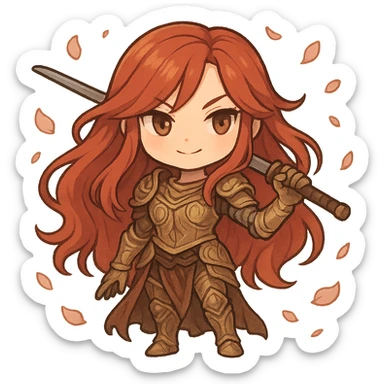 Malenia, Blade of Miquella, chibi style, without helmet, long red hair, golden armor, prosthetic arm, katana resting on shoulder, surrounded by petals, cute and powerful sticker