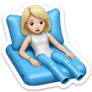 chica rubia con cara de miedo con unas botas de presoterapia inflables tirada en una cama sticker