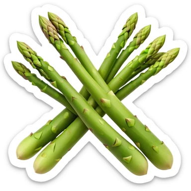 green asparagus bundle, tight tips, firm stalks, color fades from bright green to pale at base, smooth with vertical ridges, natural color variation, stems aligned, unpeeled, slightly curved, no extras, soft lighting, emoji scale sticker