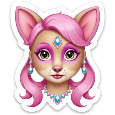 glamorous dog portrait, head and shoulders only, exaggerated pink makeup, bright eyeshadow, long eyelashes, shiny blush cheeks, sparkling face gems, glitter accents, elegant earrings, fantasy beauty style, cute 3D cartoon, mobile game icon style, clean background, no text, no watermark
 sticker