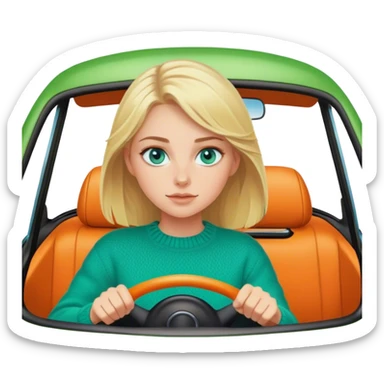 Cinematic realistic blonde with blue eyes, dressed in a green sweater, driving an orange car sticker