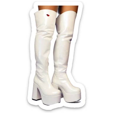 glittery white platform knee high gogo boots with heart cutout on side sticker