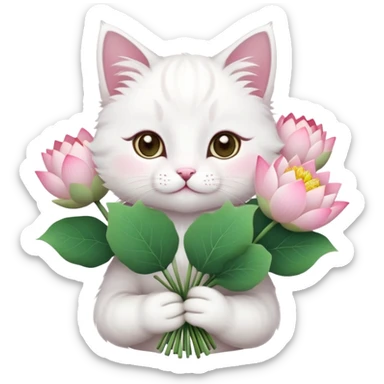 White cat holding a bouquet of lotus flowers sticker