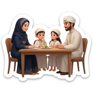 happy family islamic clothing sitting on table talking; mother wearing hijab sticker