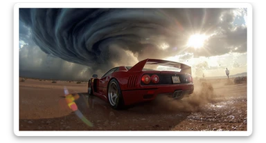 Cinematic still of a ferrari f40 around tornado od arizona desert, sun flare, captured by gopro hero with effect fisheye, water drops on car body, detailed, inspired by interstellar look sticker