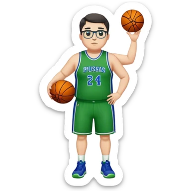 Full Body plus size tall white male with dark short hair basketball player wearing glasses wearing blue  with green uniform sticker