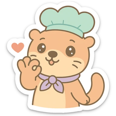 Move the otter's hand so it is almost touching its mouth in the chef's kiss gesture, keep the red heart, kawaii style with transparent background. sticker