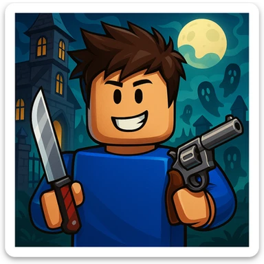 Roblox avatar for mohmmed_123000fr in MM2, close-up portrait, with MM2 background elements, vibrant and game-accurate style sticker