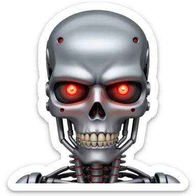 Terminator close-up, realistic, red glowing eye, damaged skin revealing endoskeleton, inspired by the 'I'll be back' scene sticker