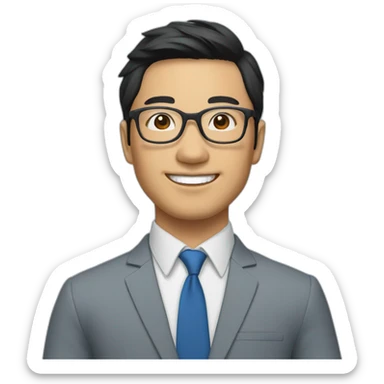 Young Business man with Black hair and round Glases, smiling, asian, blaue suit, without tie sticker