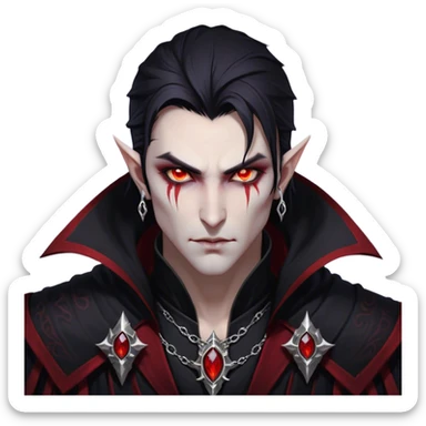 Cinematic Realistic WoW Vampire Mage Portrait, head tilted epicly and inquisitively, showcasing a commanding presence and ancient arcane mastery. His pallid skin and sleek dark hair are set against the intricately detailed black robe—with silver accents and mystical runes—that remains consistent in its shadowed elegance. His piercing crimson eyes blaze with forbidden power, rendered with dramatic, lifelike clarity and high shine, epic and awe-inspiring. sticker