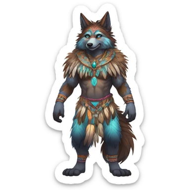 Anthro Fluffy Colorful Shy Spiritual Shamanic WereWolf-sona With Shiny Tribal Markings wearing feathers Full Body Detailed High Quality sticker