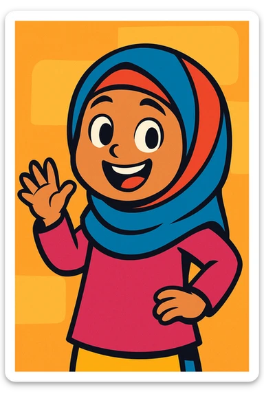 a cheerful girl in a hijab, cartoon style, vibrant colors sticker
