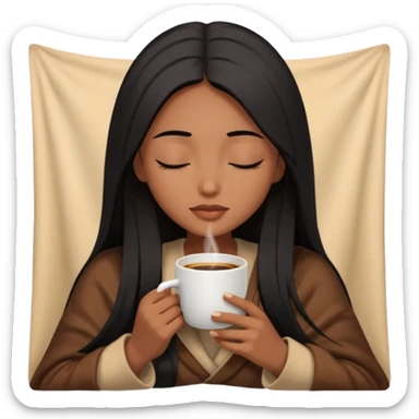 Chocolate brown girl with long straight jet black hair inside a blanket sipping coffee eyes closed sticker
