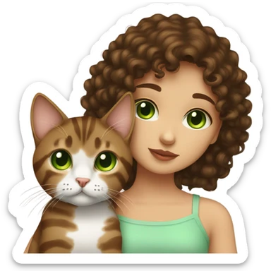 Dark brown curly haired girl with hazel eyes kissing a brown tabby cat with green eyes sticker