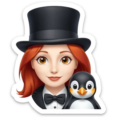 uma mulher feliz com cabelos ruivos e uma cartola com um pinguim sticker