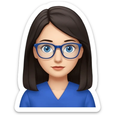 long dark hair, blue eyes, glasses teacher female, blue dress sticker