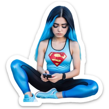 Shameful disappointed crying-very very very very big chest-texting on a samsung cell phone-very long straight flowing black to sky blue hair ombre-blue eyes-black eyeliner-long eyelashes-plastic sparkling sky blue very low cut tank top with sparkling superman logo-black leggings-nike sneakers sticker