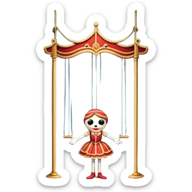 Icon for Puppet Theater: a puppet on strings with theatrical curtains in the background, along with a small stage and dramatic lighting. The icon should represent the whimsical and artistic nature of puppet performance. Transparent background. sticker