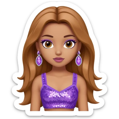 Yasmin from Bratz with long light brown hair, tan skin, brown eyes, lilac sequin crop top sticker