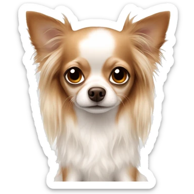 Long-haired white Chihuahua with reddish brown markings wearing pajamas sticker
