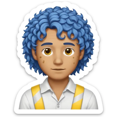 Make me an emoji that has a guy with a white shirt and yellow tape around the shirt with brown and blue spots hair make the hair curly make the yellow tape go around it sticker