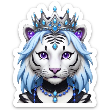 ESO Female white/black tiger khajiit leader of the umbral rose, glowing blue eyes, glowing blue 'third eye' gem, black beaded dreadlocks; silver crown/tiara with purple gems sticker
