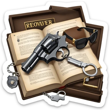 Icon for Action & Crime Reading: an open book, a revolver, handcuffs. Surrounding elements include a dark alley, a police badge, and a pair of sunglasses. The icon should evoke tension, suspense, and action.  Transparent background. sticker