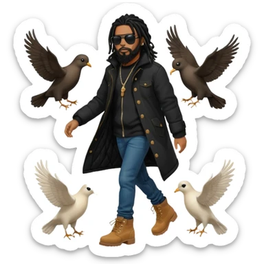 African American man with shoulder length black dreadlocks with black beard wearing black sunglasses wearing a black bubble winter coat wearing denim skinny jeans wearing wheat timberland boots walking with a white dove flying behind him sticker