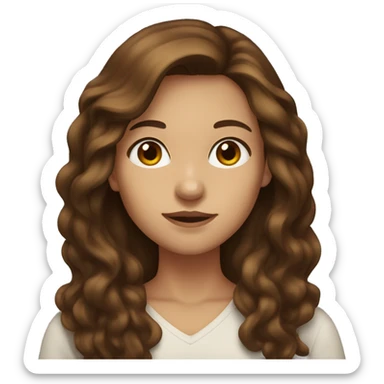 brown-haired woman with long hair, brown eyes, showing a heart sticker