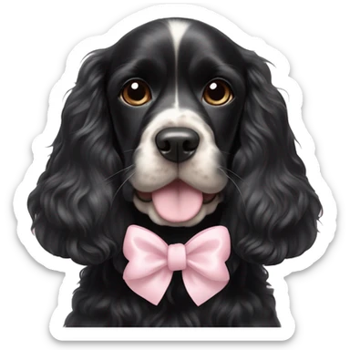 Black American cocker spaniel  with a cute face and a light pink bow as the collar ￼ sticker
