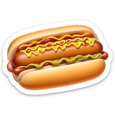 Cinematic Realistic Hot Dog Dish Emoji, featuring a classic hot dog in a bun topped with mustard and relish rendered with crisp textures and vibrant, dynamic lighting. sticker