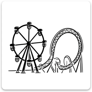 Hand-drawn amusement park with ferris wheel and roller coaster sticker