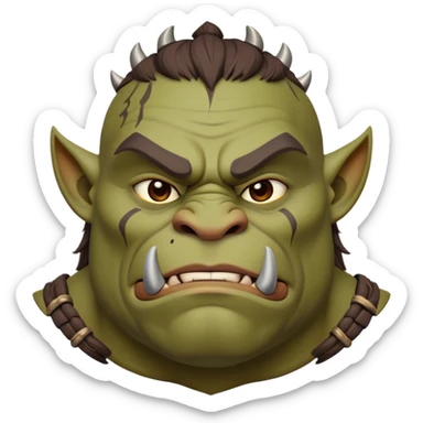 Cinematic Noble Ogre Portrait Emoji, Majestic and imposing, with a rugged, muscular form in deep earthy greens and browns, adorned with battle scars and subtle tribal markings, exuding calm, noble strength and unexpected wisdom, simplified yet strikingly detailed, glowing with a shadowy outline that captures the essence of a gentle giant with fierce heart! sticker
