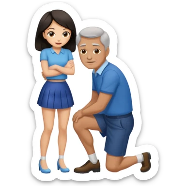 older man with dark hair on knees, facing dark haired woman in a micro mini skirt, hugging her waist sticker
