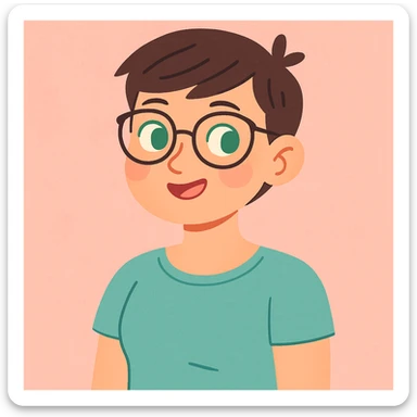 woman with a short pixie haircut, green eyes, glasses, and a short sleeve shirt, soft pastel illustration style sticker