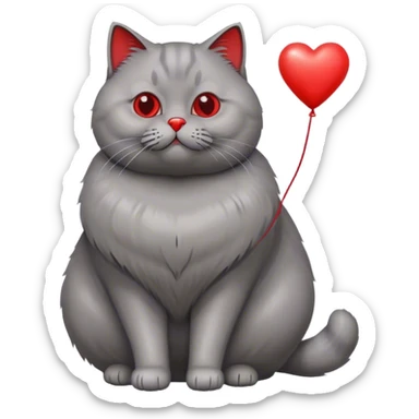 gray fat British cat and red heart metallic baloon sticker